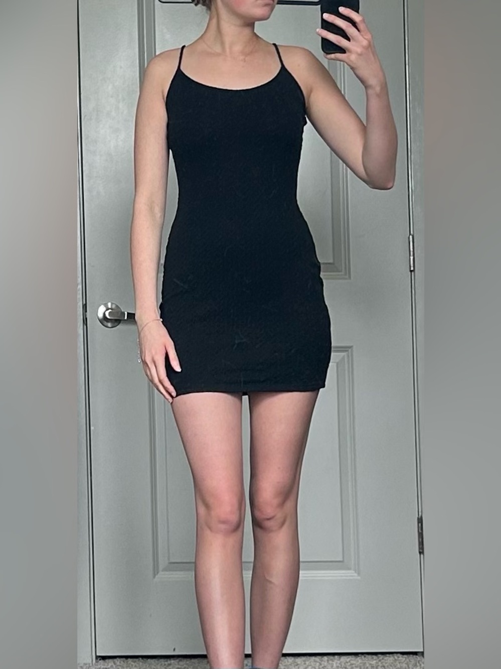 Bear Dance Black Spaghetti-Strap Bodycon Mini Dress